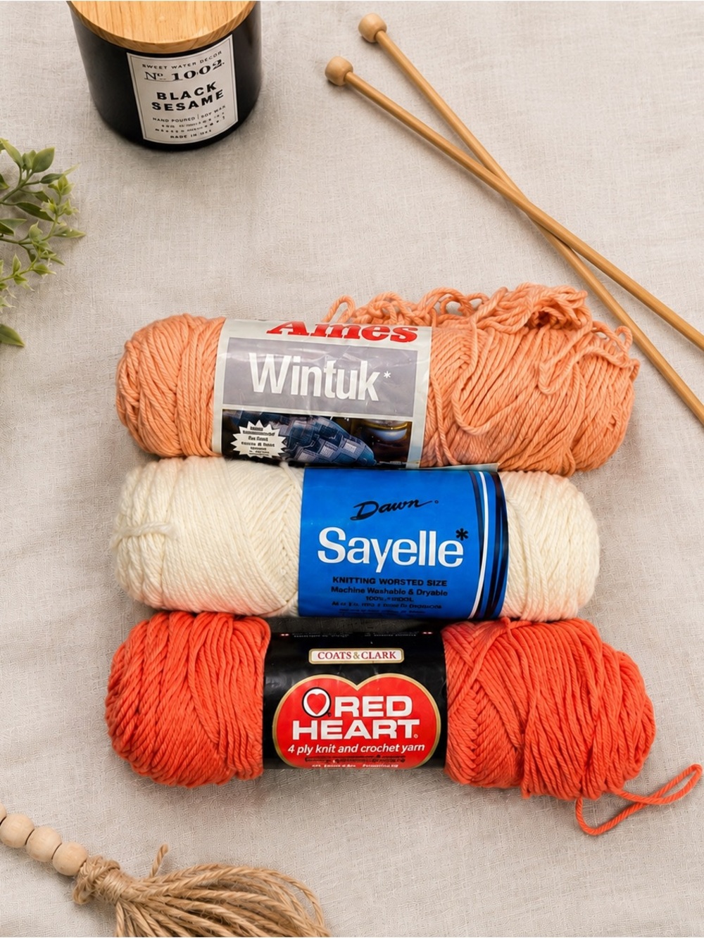 Vintage Yarn Lot Peach Coral Cream Red Heart Sayelle Wintuk 4 Ply worsted weight